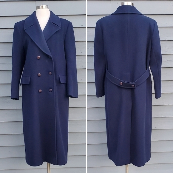Vintage 70s Preppy Acadamia Navy Blue Virgin Wool Double Breasted Trench Coat 10 - Picture 1 of 7